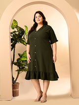 Plus Size Mehendi Green Crinkle Collared Dress