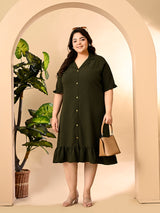 Plus Size Mehendi Green Crinkle Collared Dress