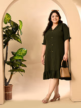 Plus Size Mehendi Green Crinkle Collared Dress