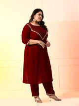 Plus Size Maroon Embellished Velvet Kurta Set with Dupatta
