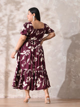 Burgundy Bloom Rayon Ruched Midi Dress