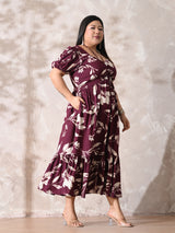Burgundy Bloom Rayon Ruched Midi Dress