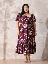 Burgundy Bloom Rayon Ruched Midi Dress
