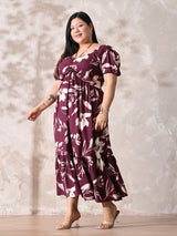 Burgundy Bloom Rayon Ruched Midi Dress