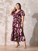 Burgundy Bloom Rayon Ruched Midi Dress