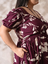 Burgundy Bloom Rayon Ruched Midi Dress