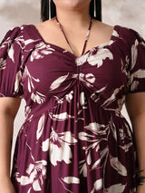 Burgundy Bloom Rayon Ruched Midi Dress