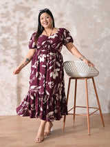 Burgundy Bloom Rayon Ruched Midi Dress