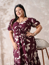 Burgundy Bloom Rayon Ruched Midi Dress