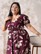 Burgundy Bloom Rayon Ruched Midi Dress