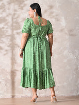 Polka Charm Green Rayon Ruched Midi Dress