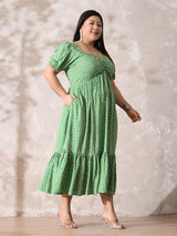 Polka Charm Green Rayon Ruched Midi Dress