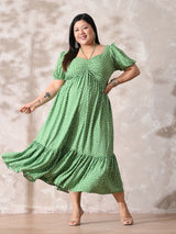 Polka Charm Green Rayon Ruched Midi Dress