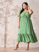 Polka Charm Green Rayon Ruched Midi Dress
