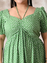 Polka Charm Green Rayon Ruched Midi Dress