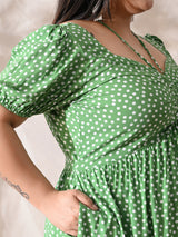 Polka Charm Green Rayon Ruched Midi Dress