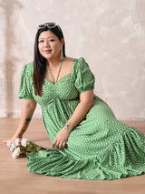 Polka Charm Green Rayon Ruched Midi Dress