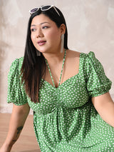 Polka Charm Green Rayon Ruched Midi Dress