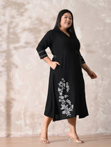 Midnight Black Muse Embroidered Rayon Dress