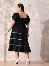 Classic Black Rayon Dress with White Contrast Lace & Flowy Silhouette