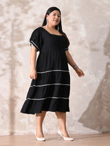 Classic Black Rayon Dress with White Contrast Lace & Flowy Silhouette