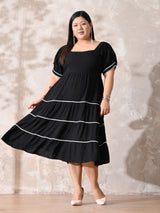 Classic Black Rayon Dress with White Contrast Lace & Flowy Silhouette