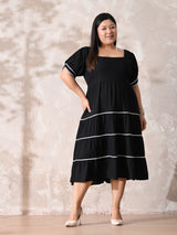 Classic Black Rayon Dress with White Contrast Lace & Flowy Silhouette