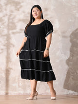 Classic Black Rayon Dress with White Contrast Lace & Flowy Silhouette