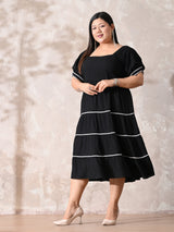 Classic Black Rayon Dress with White Contrast Lace & Flowy Silhouette