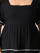 Classic Black Rayon Dress with White Contrast Lace & Flowy Silhouette