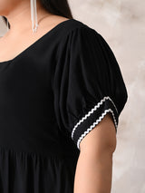 Classic Black Rayon Dress with White Contrast Lace & Flowy Silhouette