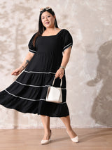 Classic Black Rayon Dress with White Contrast Lace & Flowy Silhouette