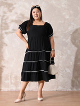 Classic Black Rayon Dress with White Contrast Lace & Flowy Silhouette