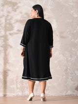 Minimal Black Rayon Midi Dress with Contrast Lace Detailing