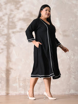 Minimal Black Rayon Midi Dress with Contrast Lace Detailing