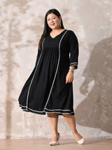 Minimal Black Rayon Midi Dress with Contrast Lace Detailing