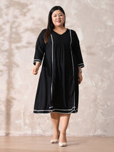 Minimal Black Rayon Midi Dress with Contrast Lace Detailing