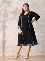 Minimal Black Rayon Midi Dress with Contrast Lace Detailing