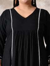 Minimal Black Rayon Midi Dress with Contrast Lace Detailing