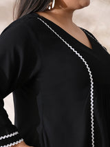 Minimal Black Rayon Midi Dress with Contrast Lace Detailing