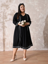 Minimal Black Rayon Midi Dress with Contrast Lace Detailing