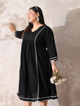 Minimal Black Rayon Midi Dress with Contrast Lace Detailing