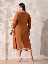 Terracotta Tone Rayon Midi Dress with Contrast Lace Detailing