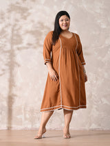Terracotta Tone Rayon Midi Dress with Contrast Lace Detailing