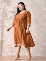 Terracotta Tone Rayon Midi Dress with Contrast Lace Detailing