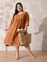 Terracotta Tone Rayon Midi Dress with Contrast Lace Detailing