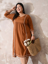 Terracotta Tone Rayon Midi Dress with Contrast Lace Detailing