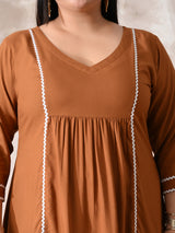 Terracotta Tone Rayon Midi Dress with Contrast Lace Detailing