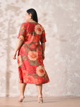 Coral Blossom Pleated Rayon Dress