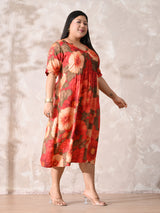 Coral Blossom Pleated Rayon Dress